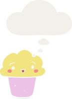 cupcake de dibujos animados con cara y burbuja de pensamiento en estilo retro vector