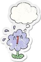 cartoon flower and thought bubble as a distressed worn sticker vector