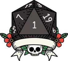 Retro Tattoo Style natural one d20 dice roll vector