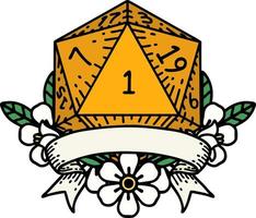 Retro Tattoo Style natural one d20 dice roll vector