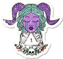 grunge sticker of a crying tiefling with natural one D20 dice roll vector
