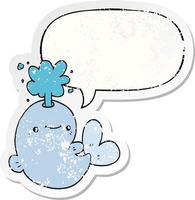 cartoon whale spouting water and speech bubble distressed sticker vector