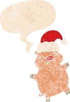 cartoon happy christmas pig and speech bubble in retro textured style vector