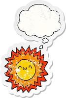 cartoon sun and thought bubble as a distressed worn sticker vector