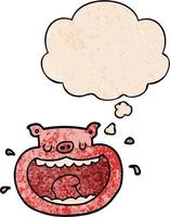 cartoon obnoxious pig and thought bubble in grunge texture pattern style vector