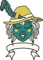 Retro Tattoo Style singing half orc bard character with banner vector