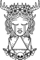 estilo de línea de tatuaje en blanco y negro cara de personaje de druida elfo llorando con un rollo natural d20 vector