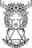 Black and White Tattoo linework Style crying elf druid character face with natural one D20 roll vector