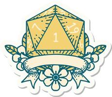 sticker of a natural one d20 dice roll vector