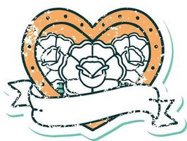 iconic distressed sticker tattoo style image of a heart and banner with flowers vector