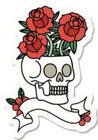 pegatina estilo tatuaje con pancarta de calavera y rosas vector