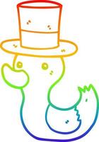 dibujo de línea de gradiente de arco iris pato de dibujos animados con sombrero de copa vector