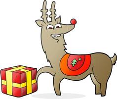 freehand drawn cartoon christmas reindeer with present vector