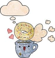 cute cartoon donut and coffee and thought bubble in grunge texture pattern style vector