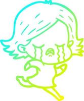 cold gradient line drawing cartoon girl crying whilst running vector