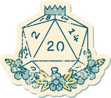 Retro Tattoo Style natural 20 D20 dice roll with floral elements vector