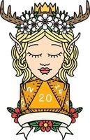 Retro Tattoo Style elf druid character with natural 20 dice roll vector