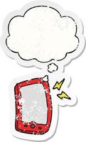 cartoon mobile phone and thought bubble as a distressed worn sticker vector