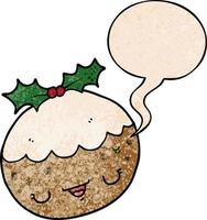 cute cartoon christmas pudding and speech bubble in retro texture style vector