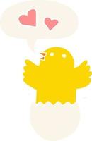 cute hatching chick cartoon and speech bubble in retro style vector