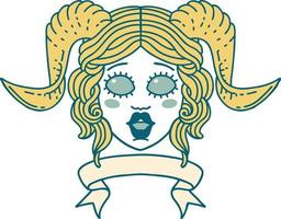 Retro Tattoo Style tiefling character face with scroll banner vector