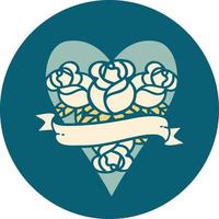 iconic tattoo style image of a heart and banner with flowers vector