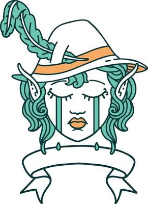 Retro Tattoo Style crying elf bard character face with banner