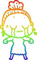 rainbow gradient line drawing cartoon crying old lady vector