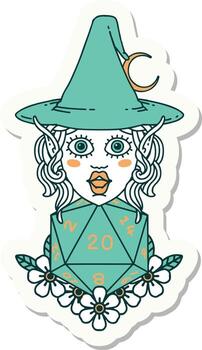 sticker of a elf mage character with natural twenty dice roll vector