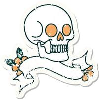 worn old sticker with banner of a skull vector