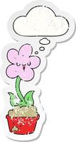 cute cartoon flower and thought bubble as a distressed worn sticker vector