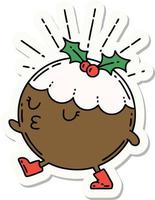 sticker of a tattoo style christmas pudding character walking vector