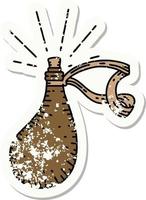 worn old sticker of a tattoo style old leather water flask vector