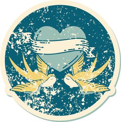 iconic distressed sticker tattoo style image of swallows and a heart with banner