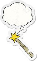 cartoon magic wand and thought bubble as a distressed worn sticker vector