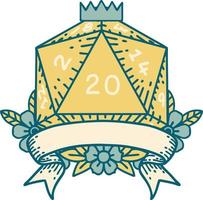 estilo de tatuaje retro natural 20 golpe crítico d20 tirada de dados vector