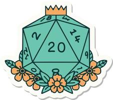 sticker of a natural 20 D20 dice roll with floral elements vector