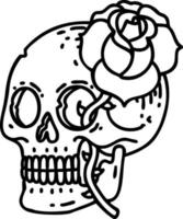 tatuaje en estilo de línea negra de una calavera y rosa vector