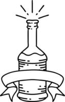 scroll banner with black line work tattoo style beer bottle vector