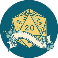 Retro Tattoo Style natural twenty D20 dice roll vector