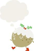 cartoon chrstmas pudding walking and thought bubble in retro style vector