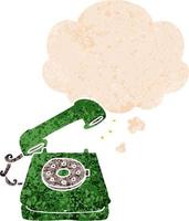 cartoon old telephone and thought bubble in retro textured style vector