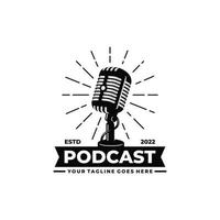 Podcast logo design. Vintage microphone logo vector