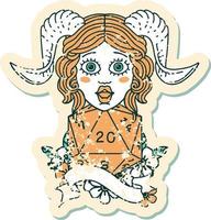 Retro Tattoo Style tiefling with natural twenty dice roll vector