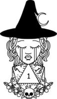 Black and White Tattoo linework Style crying human witch with natural one D20 dice roll vector