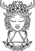 Black and White Tattoo linework Style elf druid character with nautral twenty dice roll vector