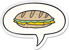 sándwich de queso de dibujos animados y etiqueta engomada de la burbuja del habla vector