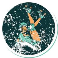 distressed sticker tattoo in traditional style of a pinup roller derby girl with banner vector