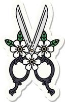 sticker of tattoo in traditional style of barber scissors and flowers vector