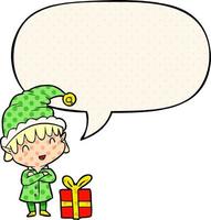 cartoon happy christmas elf and speech bubble in comic book style vector